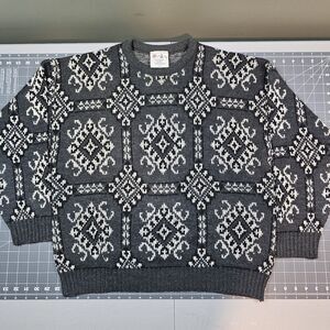 Vintage Peter Werth Sweater Mens Large Gray Fair Isle Geometric Preppy Cosby 80s